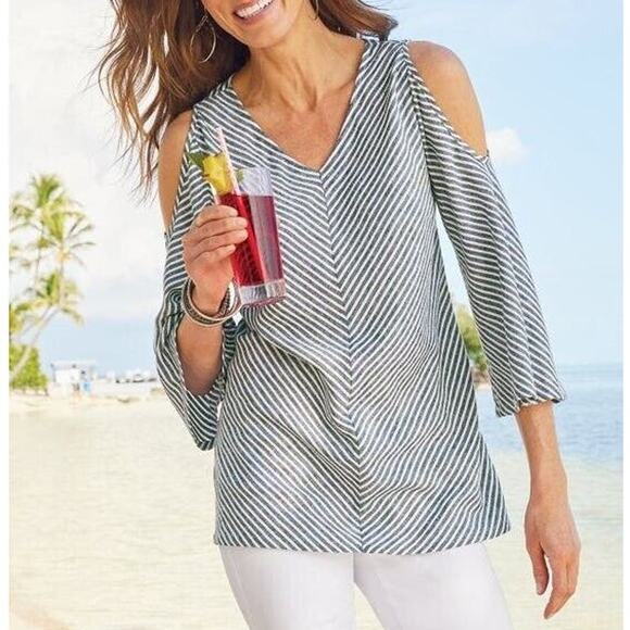 NWT Soft Surroundings Top Landfall Tunic Linen Blend Cold Shoulder PXS Petite XS - Picture 1 of 11